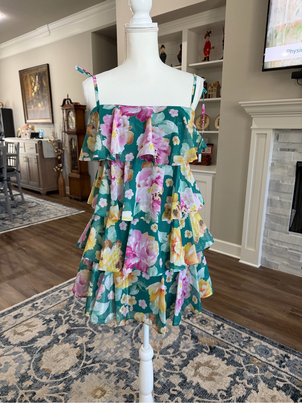 Dress the Population Green Floral Tiered Sundress with Pink & Yellow Blooms